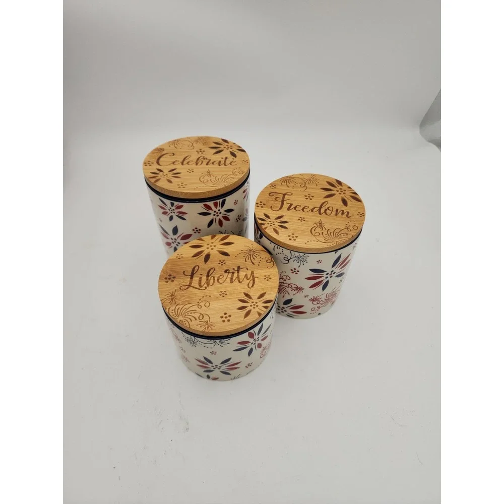 Temptations By Tara Set Of 3 Patriotic Cannisters W/Bamboo Lids